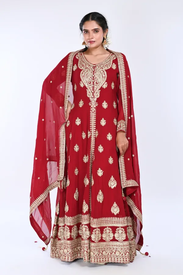 Maroon Long Anarkali with Middle Cut Suit With Pant